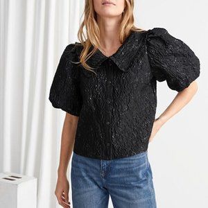 & Other Stories Black Textured Ruffle Collar Puff Sleeve Button Up Top S NWT